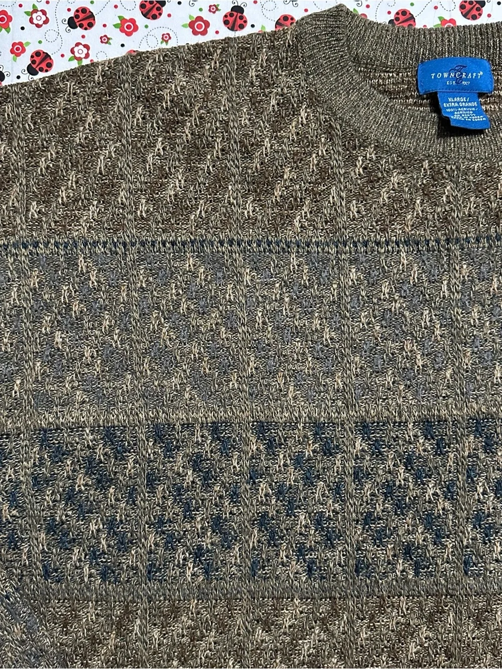 Vintage 90s Towncraft Textured Knit Grandpa Sweater Men XL Olive Brown Geometric